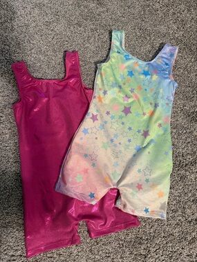 Girls Metallic Pink and Pastel Star Gymnastics Leotards (2)